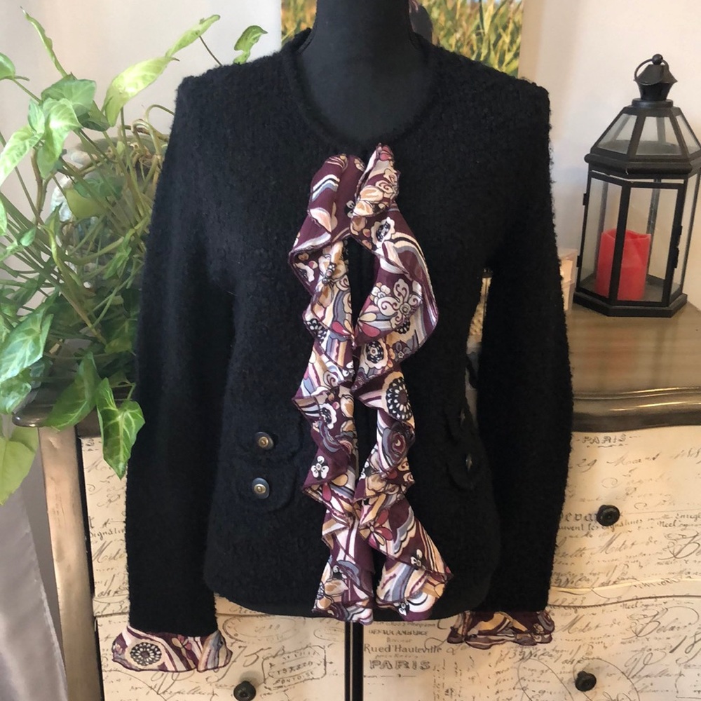 LEA & NICOLE BOUCLE KNIT CARDIGAN WITH SILK FLORAL RUFFLES SIZE M NEW WITH TAGS - Picture 3 of 15